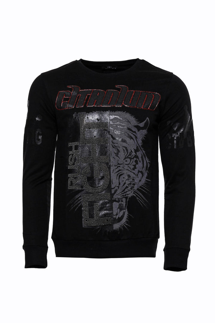 WSS Hooded Silver Grey Tiger Patterned Black Slim Fit Sweatshirt  - Six-Fours-les-Plages