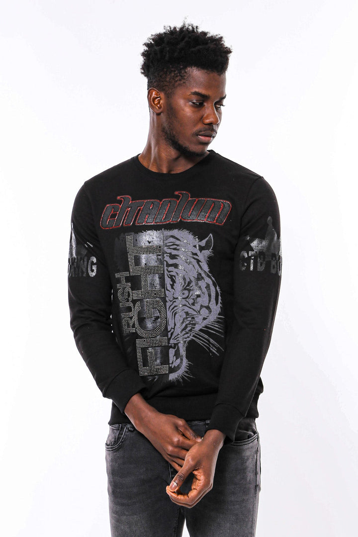 WSS Hooded Silver Grey Tiger Patterned Black Slim Fit Sweatshirt  - Six-Fours-les-Plages