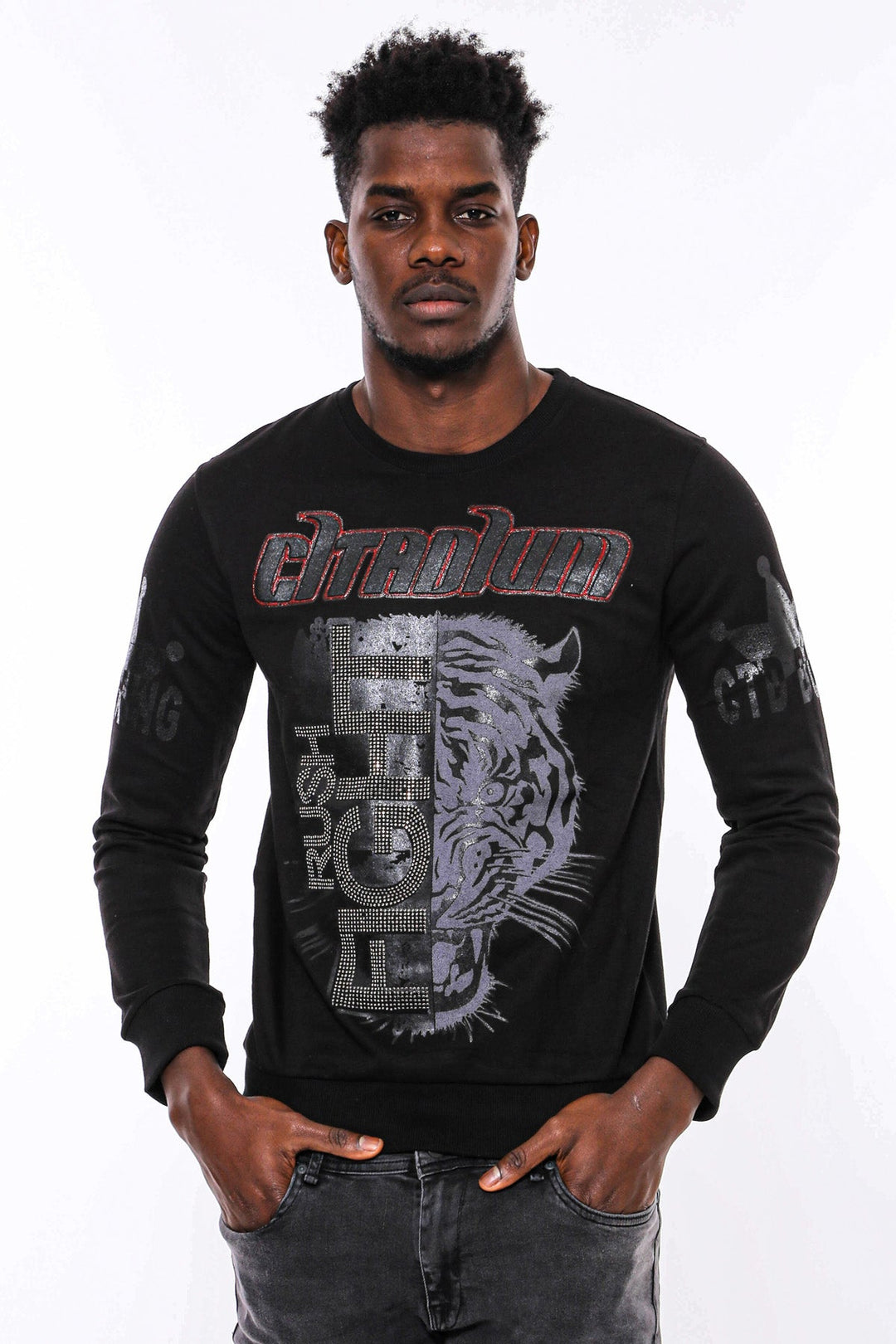 WSS Hooded Silver Grey Tiger Patterned Black Slim Fit Sweatshirt  - Six-Fours-les-Plages