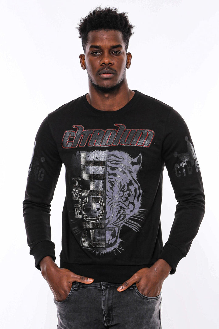 WSS Hooded Silver Grey Tiger Patterned Black Slim Fit Sweatshirt  - Six-Fours-les-Plages