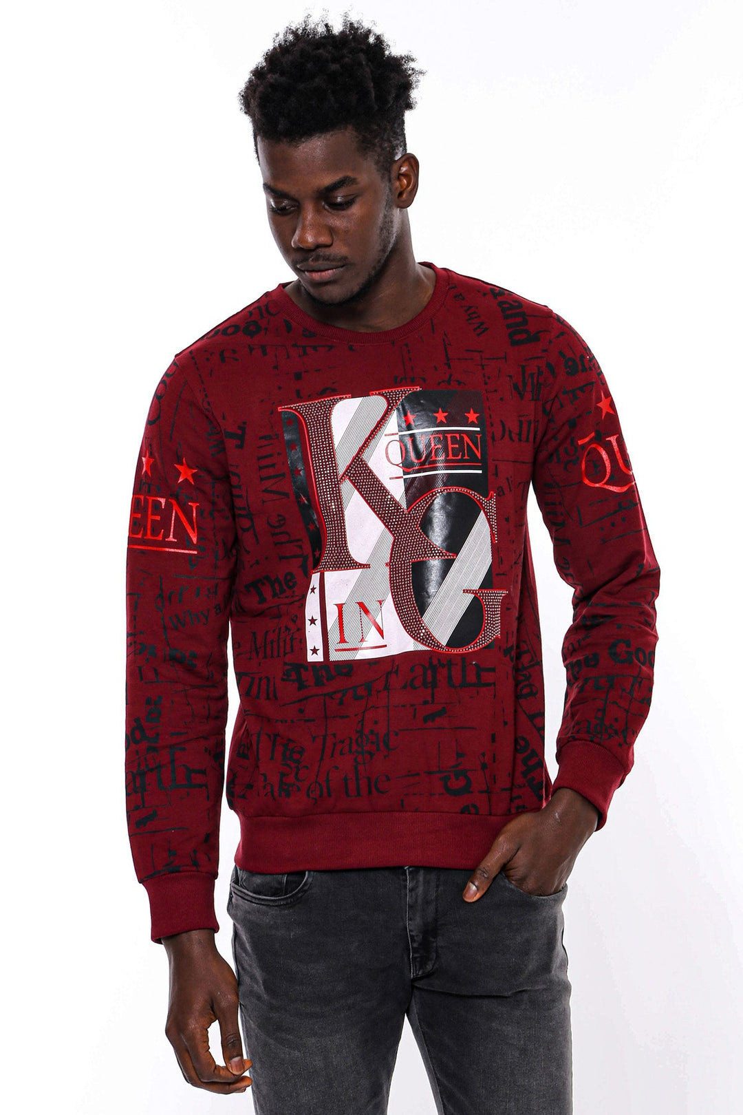 WSS Burgundy Patterned Slim Fit Men Sweatshirt  - Bethesda