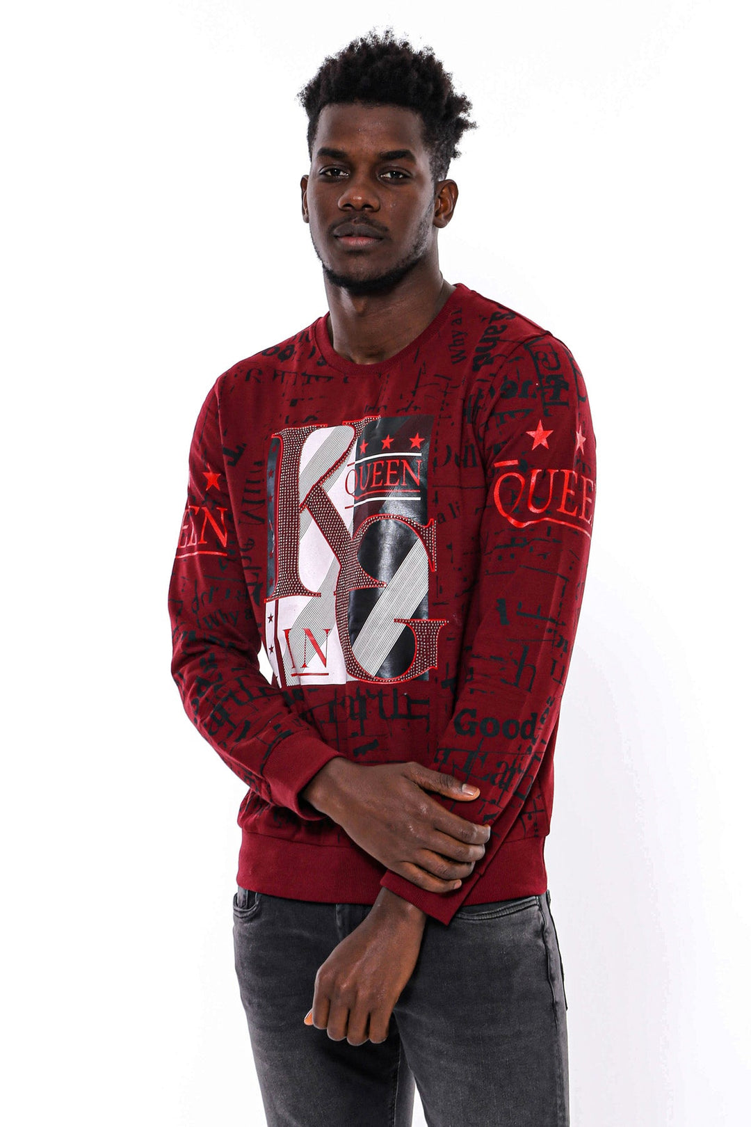WSS Burgundy Patterned Slim Fit Men Sweatshirt  - Bethesda