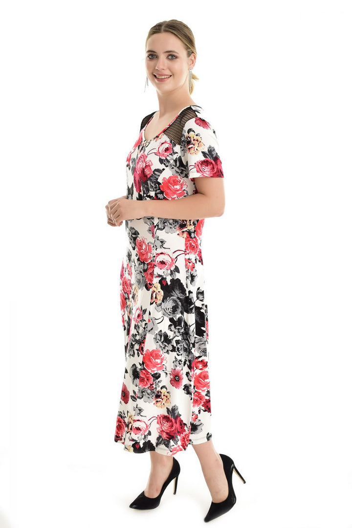 SNS Sense Ecru Red Flowered Bdr Flowered Mesh Shoulder Dress - Lancaster