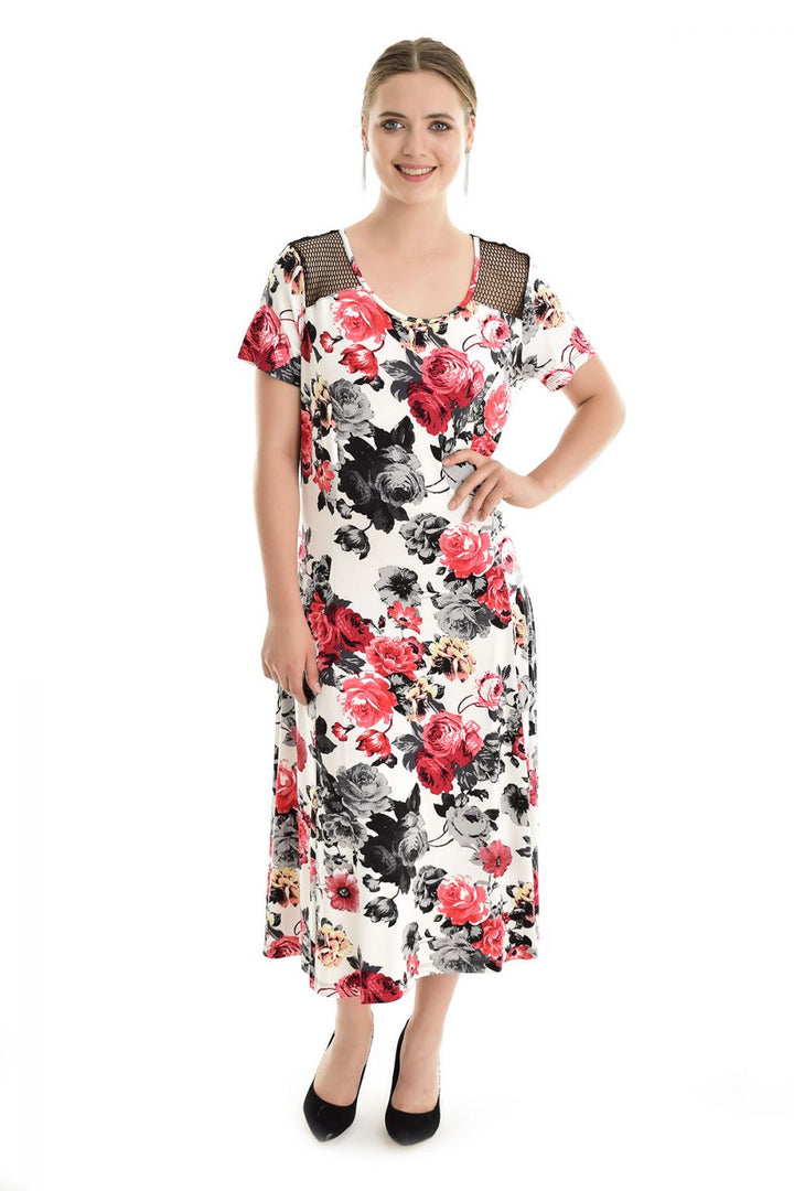 SNS Sense Ecru Red Flowered Bdr Flowered Mesh Shoulder Dress - Lancaster