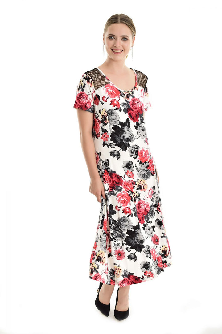 SNS Sense Ecru Red Flowered Bdr Flowered Mesh Shoulder Dress - Lancaster