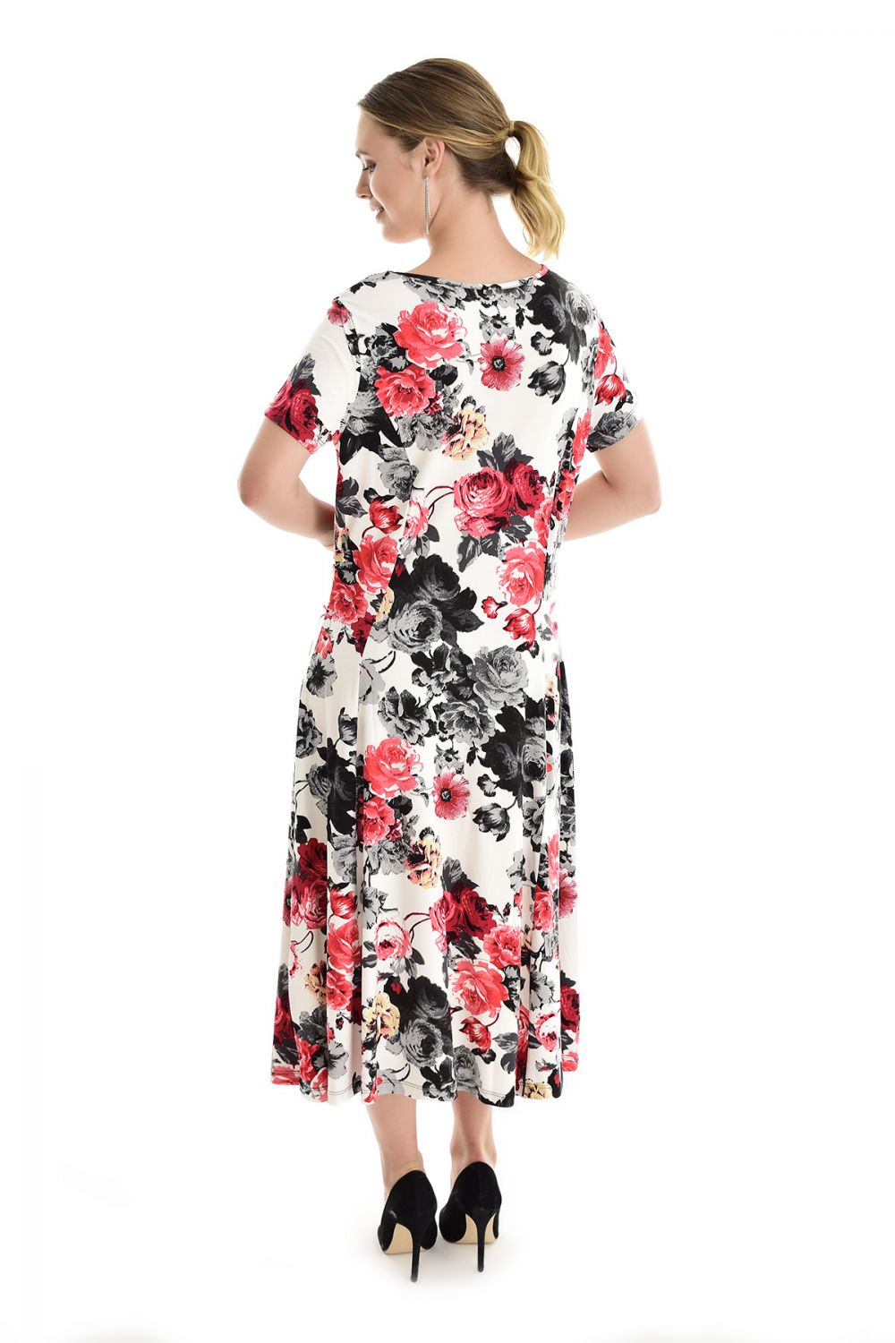 SNS Sense Ecru Red Flowered Bdr Flowered Mesh Shoulder Dress - Lancaster