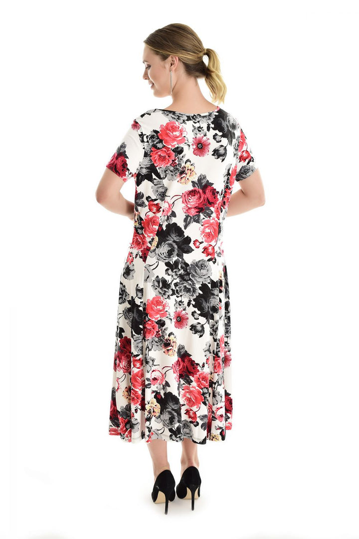 SNS Sense Ecru Red Flowered Bdr Flowered Mesh Shoulder Dress - Lancaster