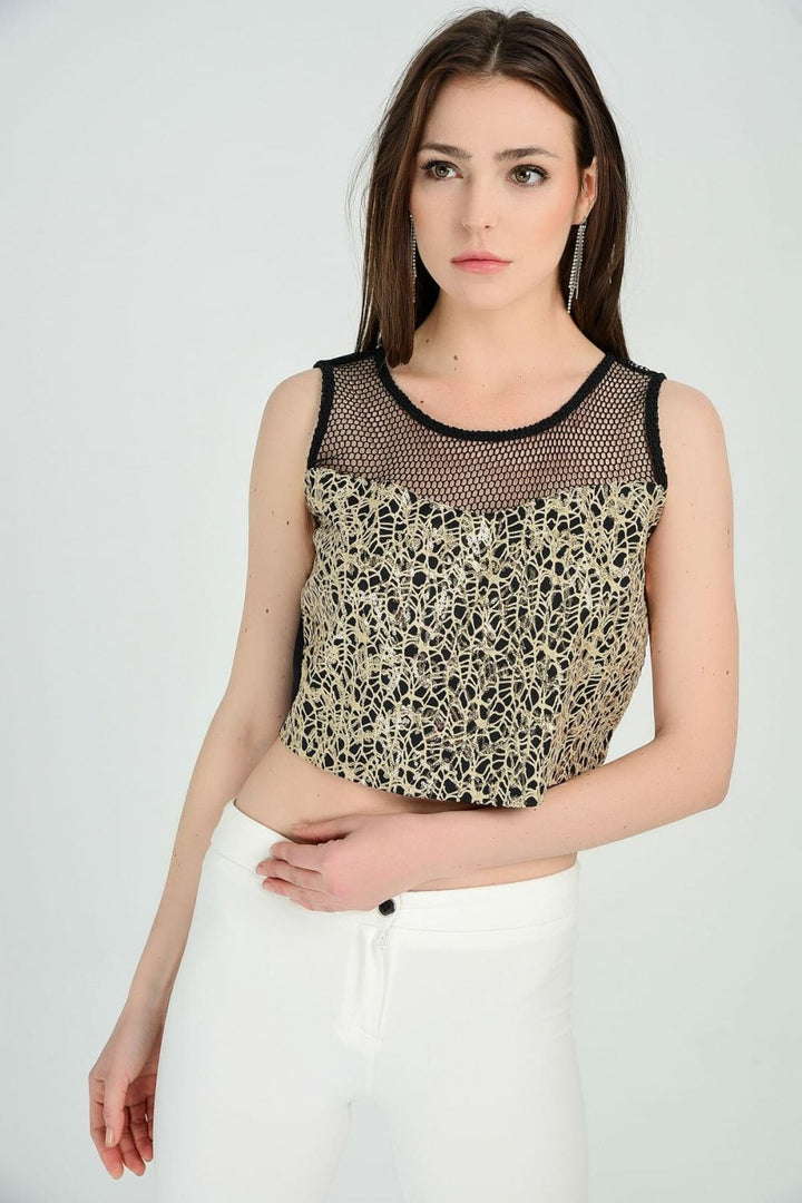 SNS Sense Bustier Gold Blouse - Sequined Short Blouse with Zipper - Bünde