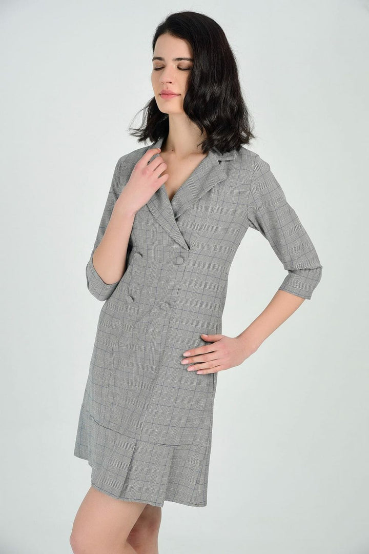 SNS Gray Plaid Dress - Truvakar Sleeve Shirt Collar Dress - Ipswich