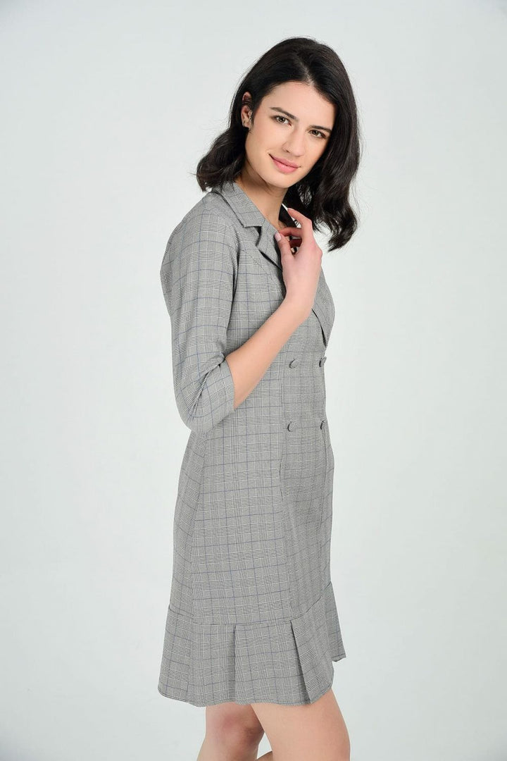 SNS Gray Plaid Dress - Truvakar Sleeve Shirt Collar Dress - Ipswich