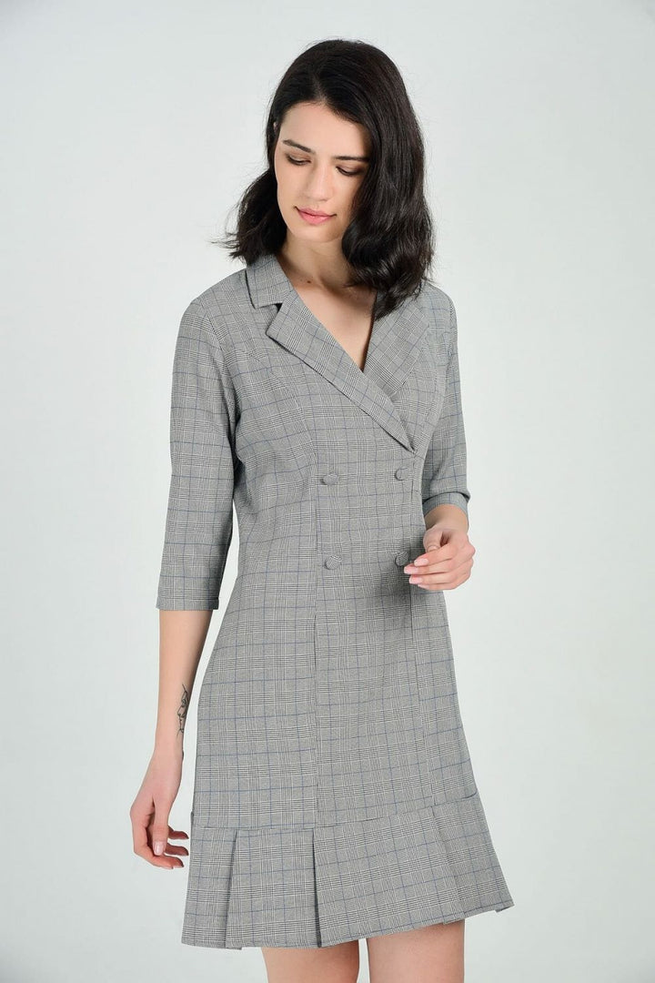 SNS Gray Plaid Dress - Truvakar Sleeve Shirt Collar Dress - Ipswich