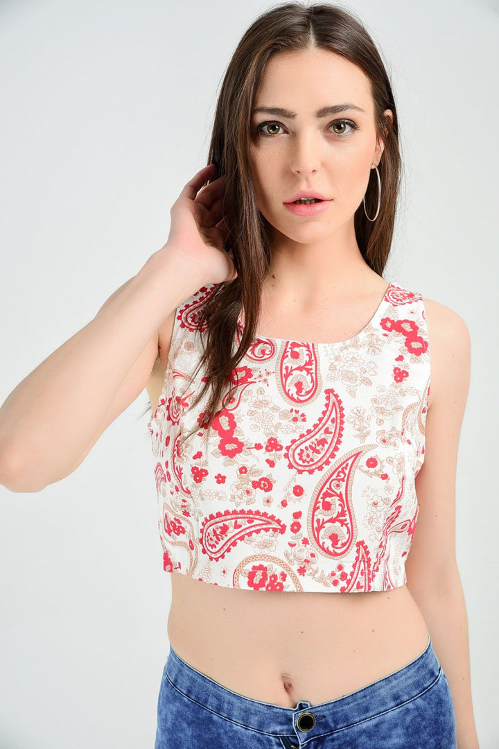 SNS Sense Bustier Red Floral Sleeveless Halter Neck Back Zipper Blouse - Schorndorf