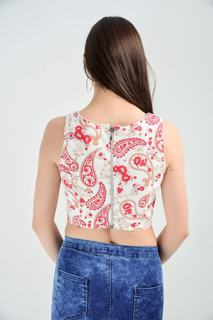 SNS Sense Bustier Red Floral Sleeveless Halter Neck Back Zipper Blouse - Schorndorf