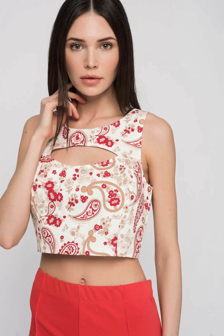 SNS Sense Bustier Red Floral Front Window Blouse - Summerville
