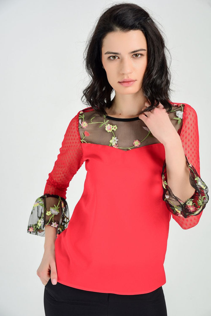 SNS Sense Red Blouse with Polka Dot Tulle Sleeves - Arucas