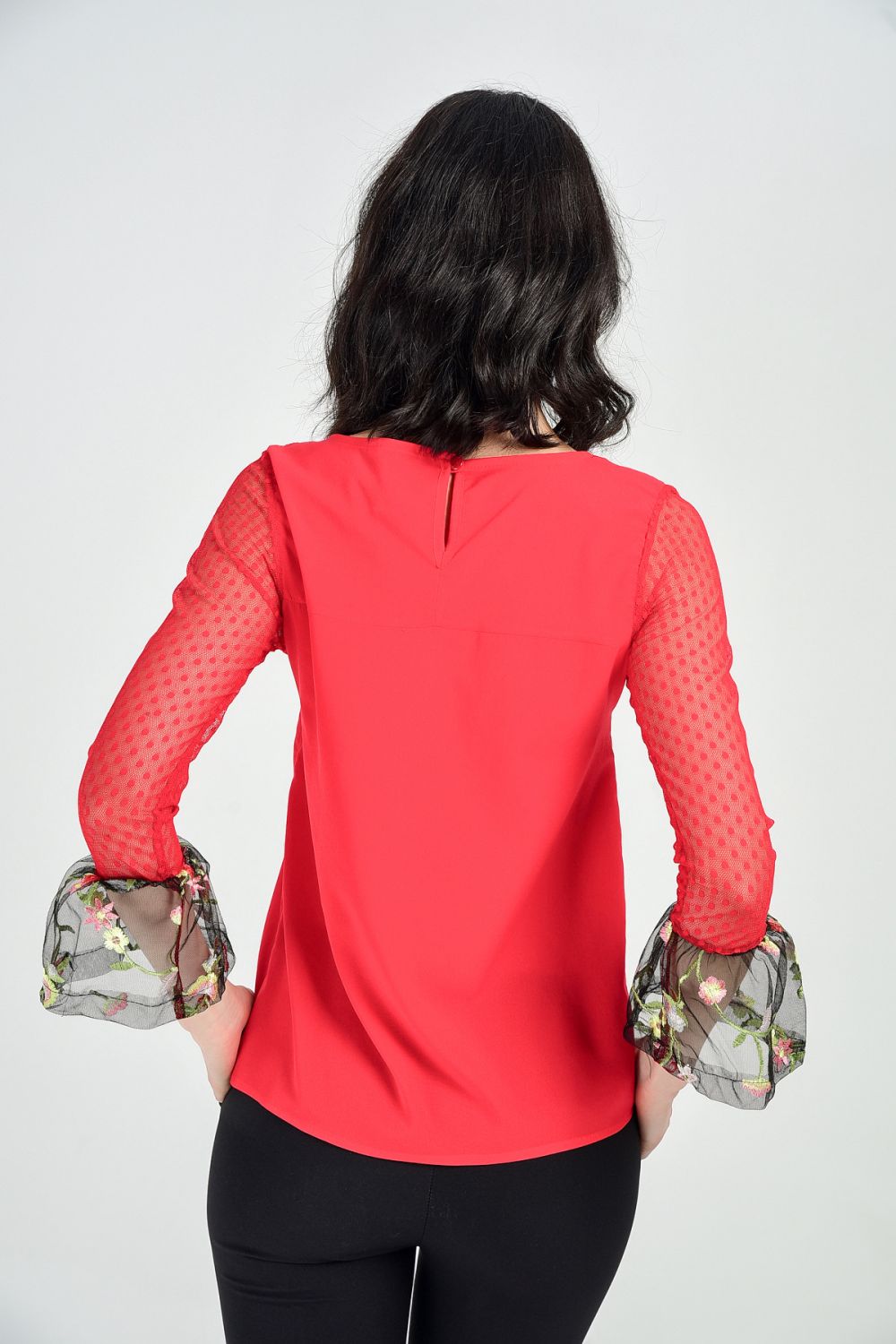 SNS Sense Red Blouse with Polka Dot Tulle Sleeves - Arucas