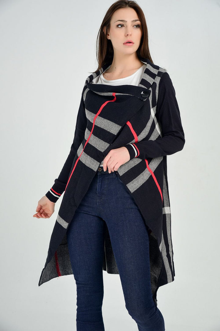 SNS Sense Navy-Ecru Sleeves Lurex Plaid Cardigan - Meridian