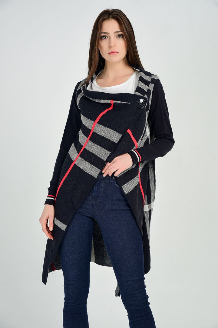 SNS Sense Navy-Ecru Sleeves Lurex Plaid Cardigan - Meridian