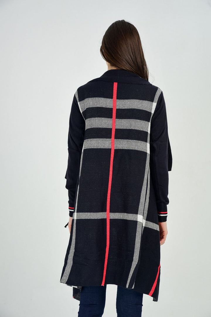 SNS Sense Navy-Ecru Sleeves Lurex Plaid Cardigan - Meridian