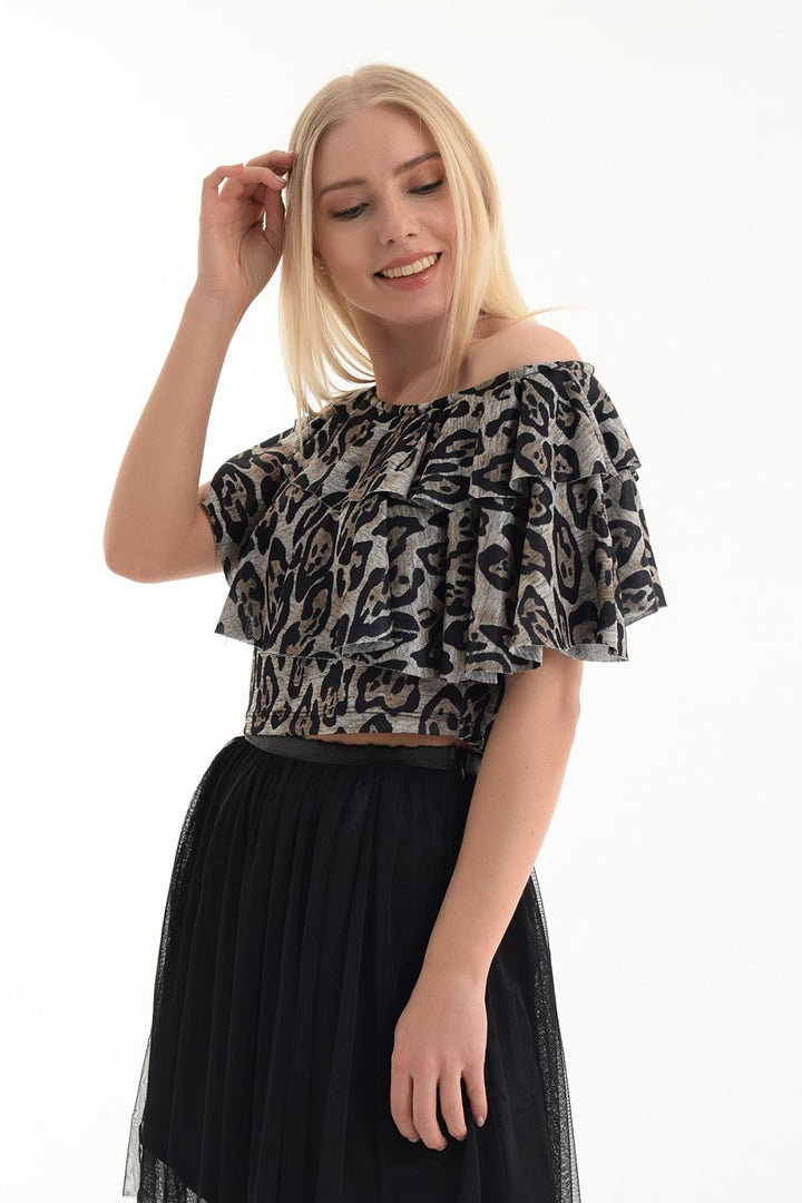 SNS Sense Leopard Print Blouse with Double Ruffles on Shoulders - Burlington