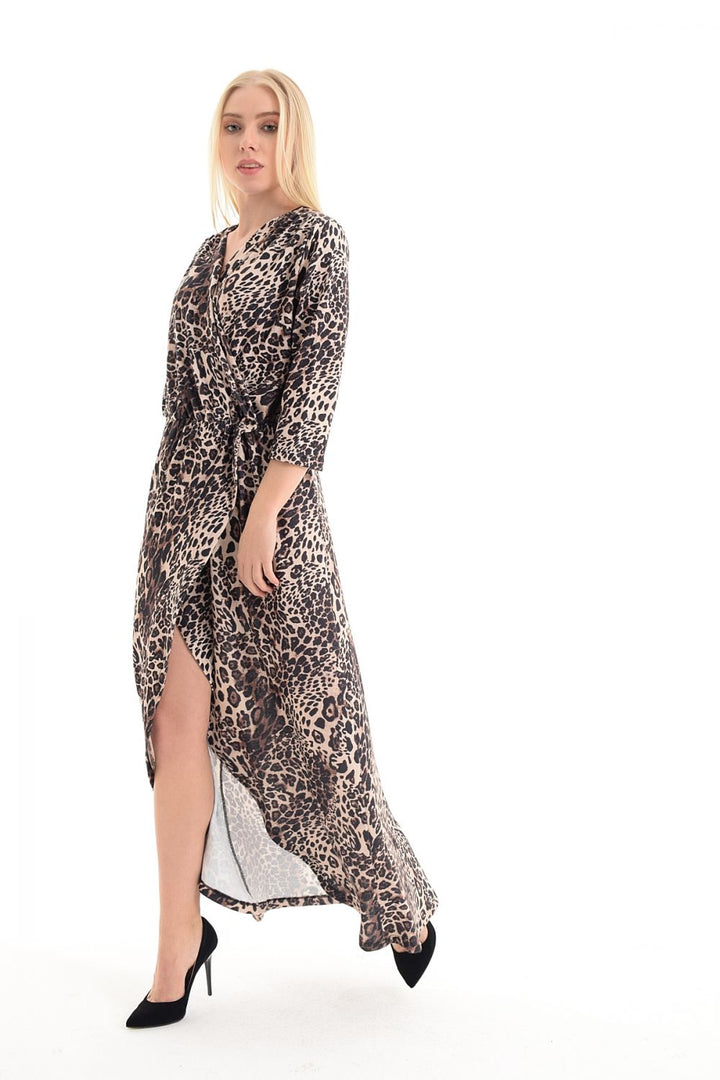 SNS Leopard Print Dress - Wrap Neck Elastic Waist Dress - Denton