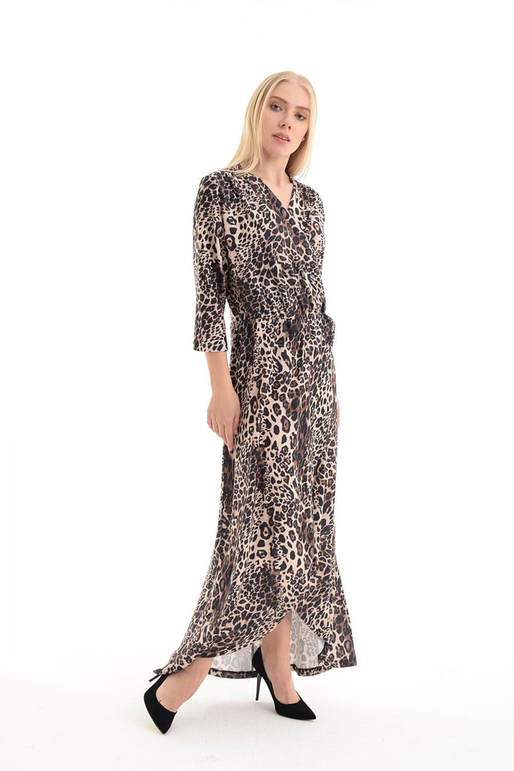 SNS Leopard Print Dress - Wrap Neck Elastic Waist Dress - Denton