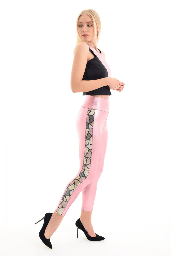 SNS Sense Pink Pants - Pants with Sequin Striped Foil on the Sides - Utrera