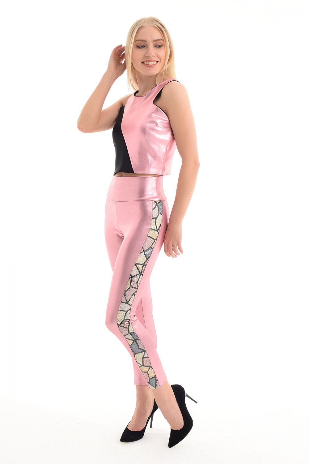 SNS Sense Pink Pants - Pants with Sequin Striped Foil on the Sides - Utrera