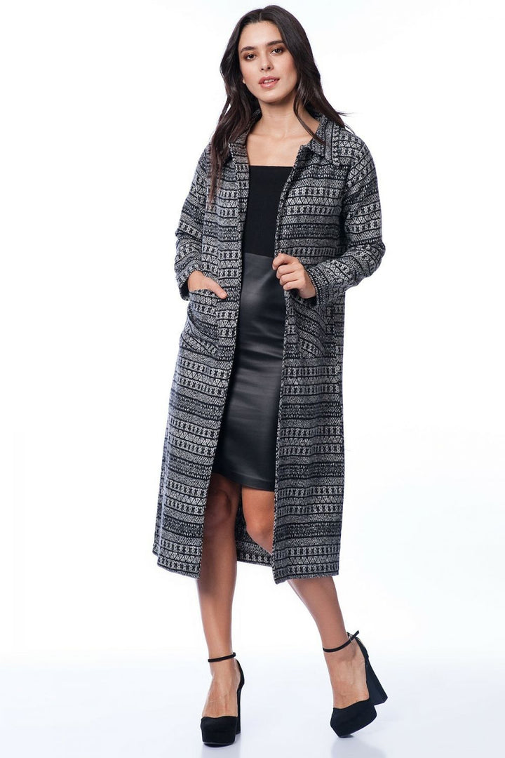 SNS Black and White Kilim Polo Neck Long Coat - Mazatlán