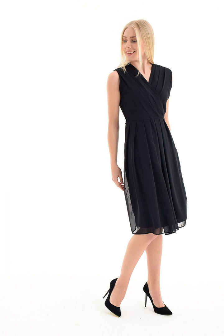 SNS Black Belted Wrap Chiffon Office Dress - Smyrna