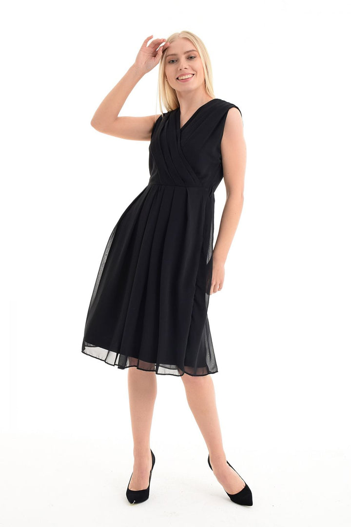 SNS Black Belted Wrap Chiffon Office Dress - Smyrna