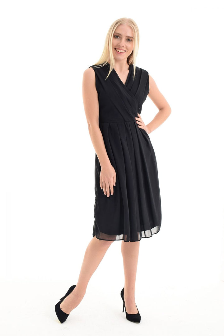 SNS Black Belted Wrap Chiffon Office Dress - Smyrna