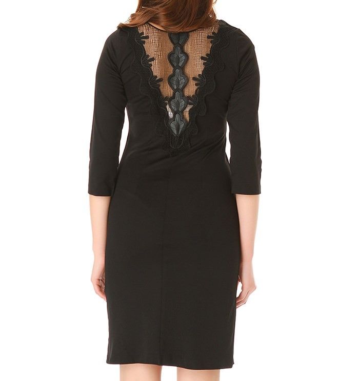 SNS Black Back Leather Tulle Detail High Neck Scuba Dress - Brunswick