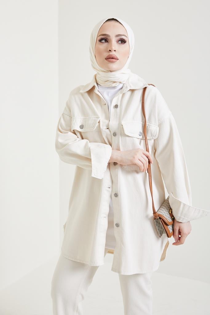 BNG Women Jacket Pants Hijab Two-Piece Denim Set Ecru - Clermont