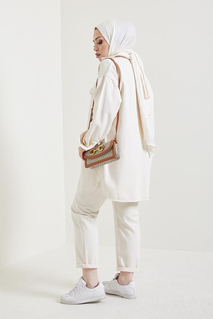 BNG Women Jacket Pants Hijab Two-Piece Denim Set Ecru - Clermont