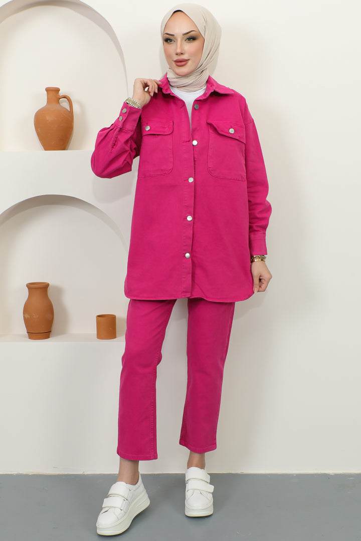BNG Women Jacket Pants Hijab Two-Piece Denim Suit Fuchsia - Clermont