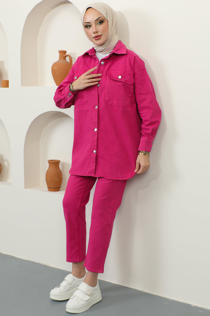 BNG Women Jacket Pants Hijab Two-Piece Denim Suit Fuchsia - Clermont