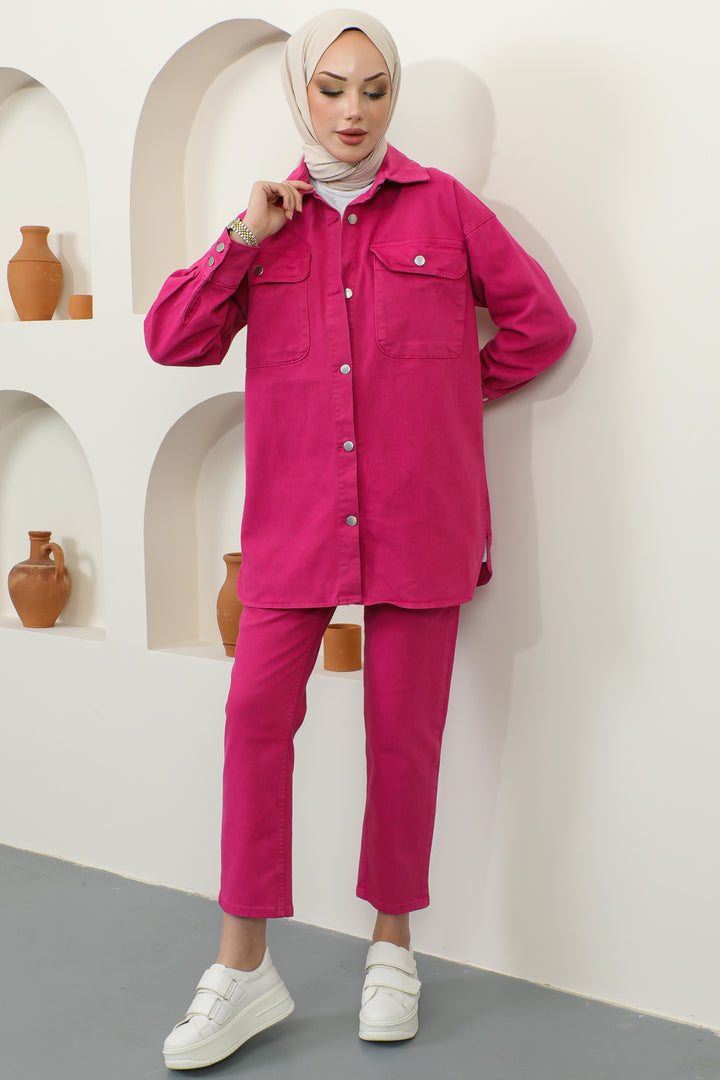BNG Women Jacket Pants Hijab Two-Piece Denim Suit Fuchsia - Clermont
