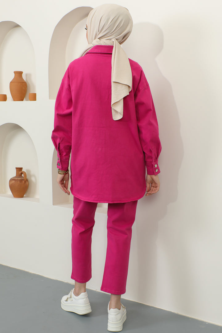 BNG Women Jacket Pants Hijab Two-Piece Denim Suit Fuchsia - Clermont