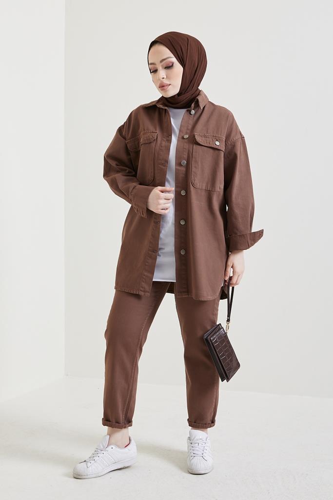 BNG Women Jacket Pants Hijab Two-Piece Denim Suit Brown - Clermont
