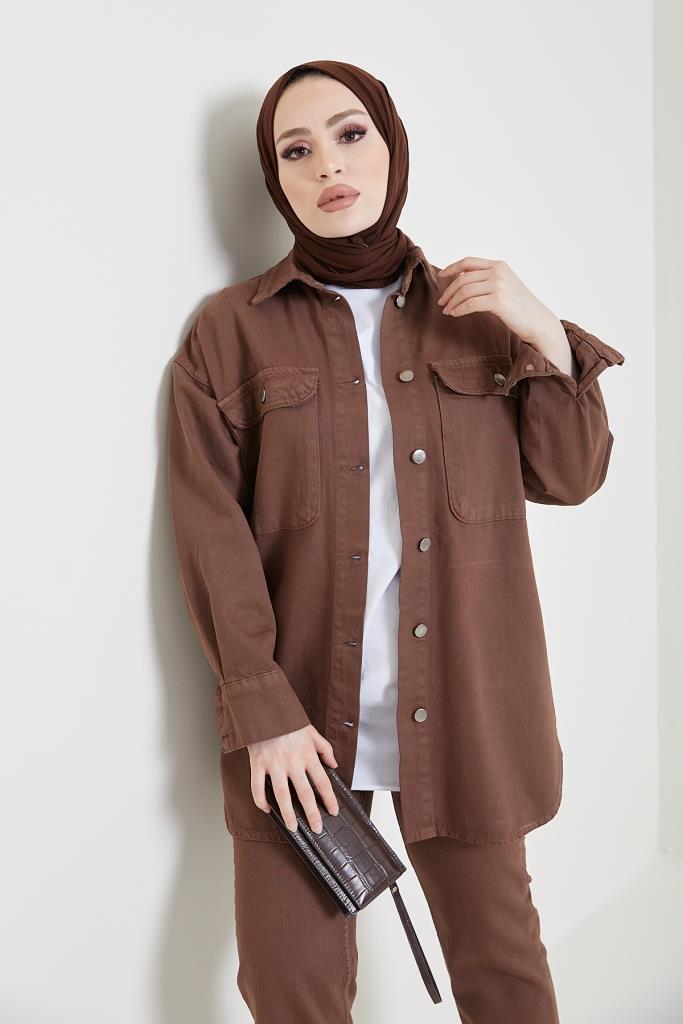 BNG Women Jacket Pants Hijab Two-Piece Denim Suit Brown - Clermont