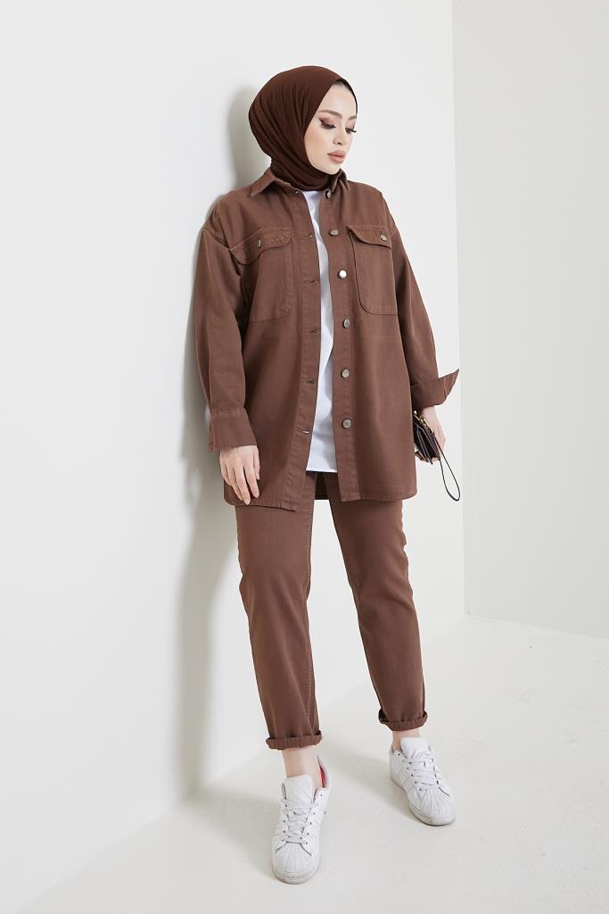 BNG Women Jacket Pants Hijab Two-Piece Denim Suit Brown - Clermont
