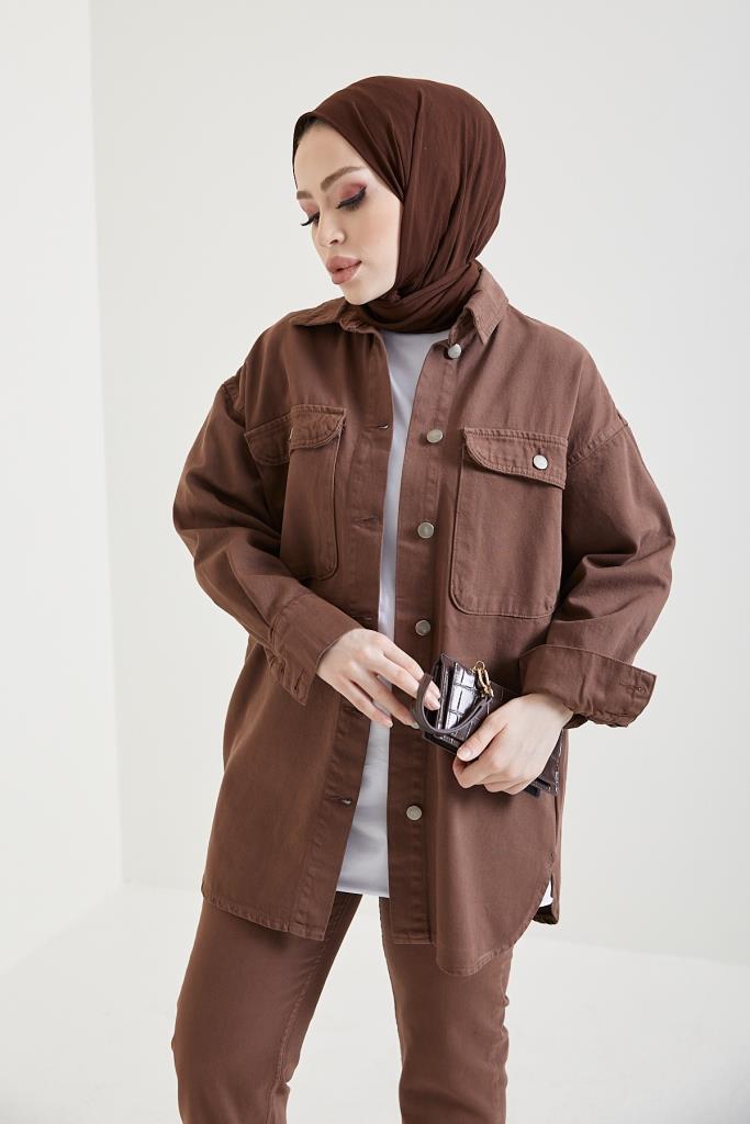 BNG Women Jacket Pants Hijab Two-Piece Denim Suit Brown - Clermont