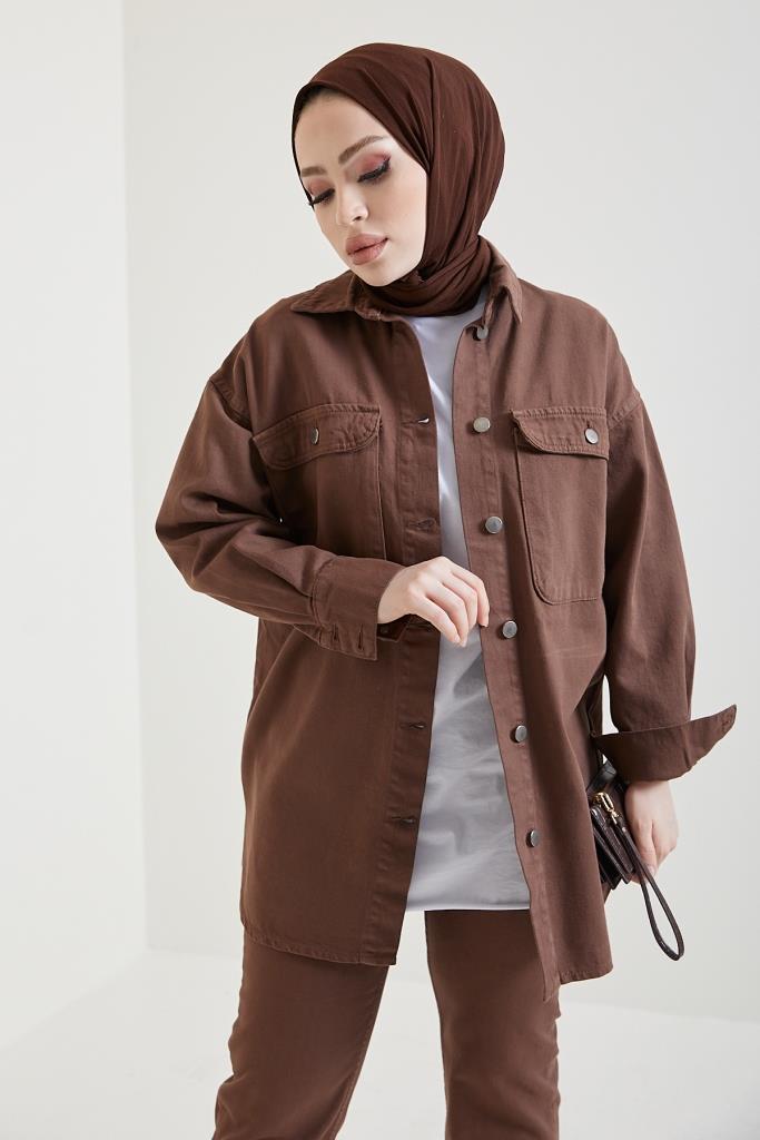 BNG Women Jacket Pants Hijab Two-Piece Denim Suit Brown - Clermont