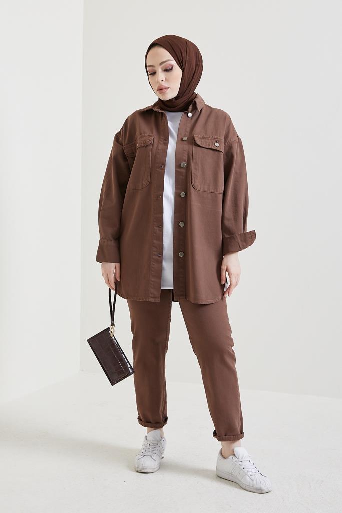 BNG Women Jacket Pants Hijab Two-Piece Denim Suit Brown - Clermont