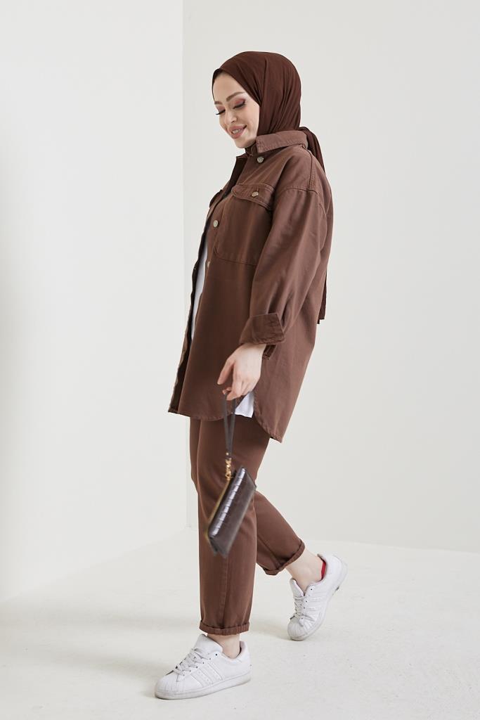 BNG Women Jacket Pants Hijab Two-Piece Denim Suit Brown - Clermont