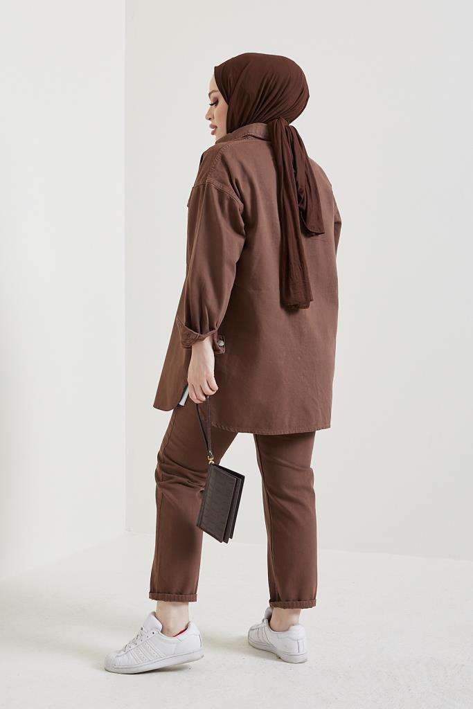 BNG Women Jacket Pants Hijab Two-Piece Denim Suit Brown - Clermont