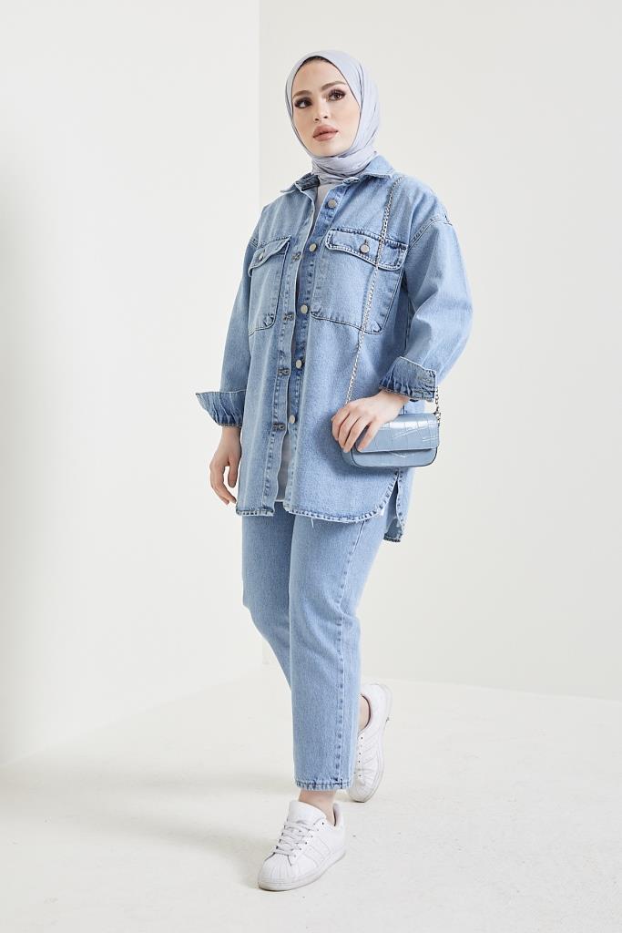 BNG Women Jacket Pants Hijab Two-Piece Denim Suit Blue - Clermont