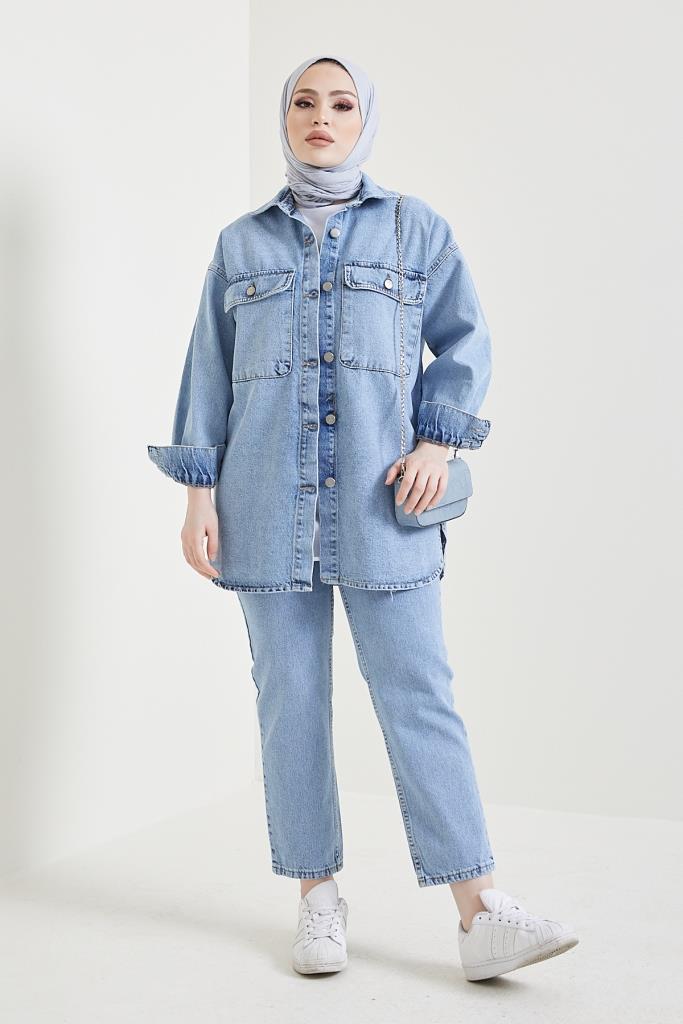 BNG Women Jacket Pants Hijab Two-Piece Denim Suit Blue - Clermont