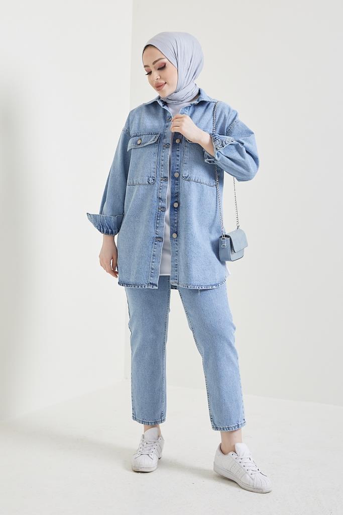 BNG Women Jacket Pants Hijab Two-Piece Denim Suit Blue - Clermont